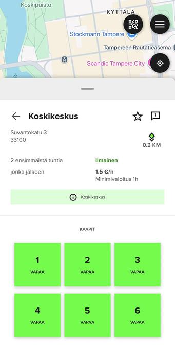 Ruutukaappaus sovelluksesta. 2 h maksuton ja sitten 1,5 e/h.