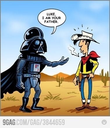 Lustiges Comic: Darth Vader trifft in der Wüste Lucky Luke und ruft "Luke, i am your father".