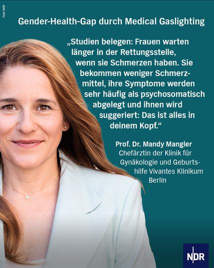 Gender-Health-Gap durch Medical Gaslighting
„Studien belegen: Frauen wartenlänger in der Rettungsstelle, wenn sie Schmerzen haben. Sie bekommen weniger Schmerzmittel, ihre Symptome werden sehr häufig als psychosomatischabgelegt und ihnen wird suggeriert: Das ist alles indeinem Kopf.“					   
Prof. Dr. Mandy Mangler					     Chefärztin der Klinik für Gynäkologie und Geburtshilfe Vivantes Klinikum Berlin