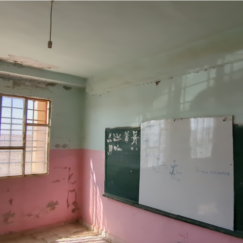 Foto von einem Klassenraum. Farbe ist abgebröckelt. Die obere Hälfte der Wand und die Decke sind in einem hellen grün gestrichen. die untere Hälfte der Wand ist rosa. Es hängt eine Tafel an der Wand.