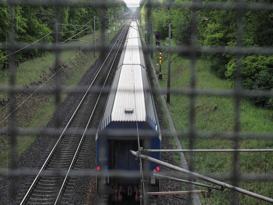 Train traveling on tracks lined with grass and trees, viewed through a metal fence. Overhead wires and signal lights visible above and alongside the tracks. The train's top is mostly silver, and its blue rear is in the foreground.