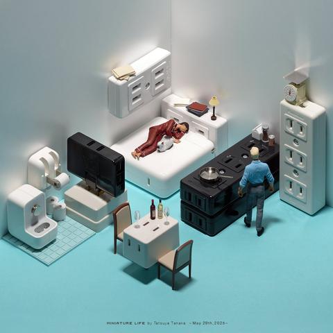 Blick in eine Wohnungseinrichtung. Im Eck der Miniatur schläft eine Frau auf einem Bett mit Nachttisch. Ein Hängeregal befindet sich an der Wand. Am Fußende des Bettes steht ein Fernseher, an dessen Rückseite gibt es eine Toilette inkl. Toilettenpapierhalter. Neben dem Bett befindet sich eine Küchenzeile, mit Tisch und zwei Stühlen als Essbereich.
Das Besondere: Bis auf die Stühle bestehen sämtliche Möbelstücke (und der Fernseher) aus Steckdosen und Stromadaptern vieler internationaler Formate in diversesten Ausführungen.