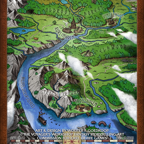 A closeup on the map of Aurlindfjord, a Norse mythology inspired fantasy setting by Earl of Fife Games.
