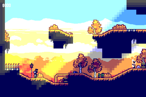 Colorful blocky sunny hills with a note person, an electric person, and floating islands casting shadows diagonally