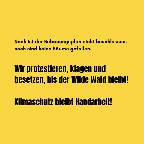 Noch ist der Bebauungsplan nicht beschlossen, noch sind keine Bäume gefallen. 
Wir protestieren, klagen und besetzen, bis der Wilde Wald bleibt! Klimaschutz bleibt Handarbeit!