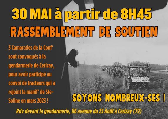 Flyer avec les infos du rassemblement... avec une photo du convoi de tracteurs de Sainte-Soline