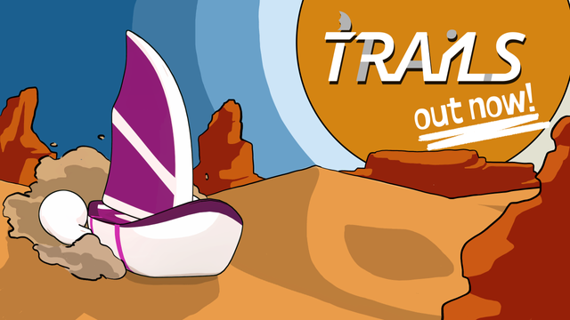 2d Keyart of our game TRAILS. A white sailing ship with a violet sail is moving over the dunes of a stylized desert, leaving a dust trail behind it. The red mountains in the background are lit by a rising sun. The logo "TRAILS out now!" is set in front of the sun.