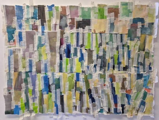 Image: Sarah Walker: Valpariso, Wear and Tear | photo of an artwork that seems to consist of pieces of paper torn from a notebook, each piece a more or less uniform colour and in hues that suggest watercolour; the pieces are held together with masking tape, maybe four or five rows of these pieces of paper, with maybe 20 pieces per row, each piece taller than it is wide; there is a LOT of masking tape; there is also a sort of convergence going on bottom right • “Running annually since the founding of West Cork Arts Centre in 1985, the 41st exhibition will showcase work by artists from across West Cork and beyond at all stages of their careers. The exhibition aims to celebrate our artistic community, from early career to established practitioners. Submission is open to the many artists who subscribe to our Membership and Friendship schemes.”
