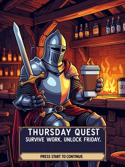 Meme image of a Knight in a tavern enjoying a big mug filled with coffee to power through his next side quest.