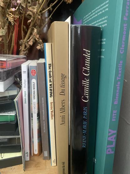 A close-up view of a bookshelf containing a variety of books and other items, including titles by Anni Albers and Camille Claudel. Dried flowers are visible in the background, along with cassette tapes and additional books by authors like Joyce and Woolf.