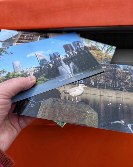 A variety of postcards ready to slide into the orange colored mailbox.