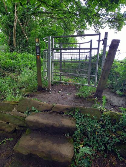 A galvanised circular kissing gate between two wooden posts and various strands of barbed wire. There is greenery behind and a footpath.  One of the posts has signs and arrows indicating the path.
In front of the stile is a set of 3 worn sandstone steps suggesting that the path has been here a while and that there used to be an older more traditional stile.