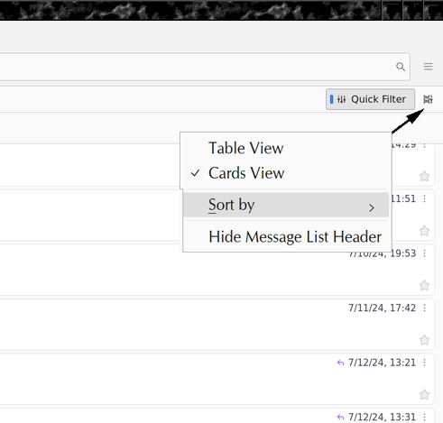 Edited screen shot of Thunderbird 139.0, showing how to turn off the on-by-default "Cards View" using a drop-down menu from a tiny button at the top right of your inbox
