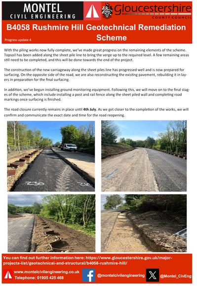 With the piling works now fully complete, we’ve made great progress on the remaining elements of the scheme.
Topsoil has been added along the sheet pile line to bring the verge up to the required level. A few remaining areas
still need to be completed, and this will be done towards the end of the project.
The construction of the new carriageway along the sheet piles line has progressed well and is now prepared for
surfacing. On the opposite side of the road, we are also reconstructing the existing pavement, rebuilding it in lay-
ers in preparation for the final surfacing.
In addition, we’ve begun installing ground monitoring equipment. Following this, we will move on to the final stag-
es of the scheme, which include installing a post and rail fence along the sheet piled wall and completing road
markings once surfacing is finished.
The road closure currently remains in place until 4th July. As we get closer to the completion of the works, we will
confirm and communicate the exact date and time for the road reopening.