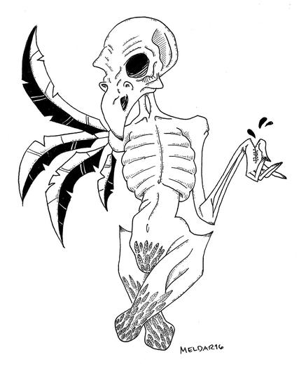 A black and white line illustration of a boney torso with a raven skull for a head. The left shoulder has 4 large feathers protruding and no arm and the right arm is split at the wrist with blood drops coming out. The legs end at the knees and have feathers coming up the thighs