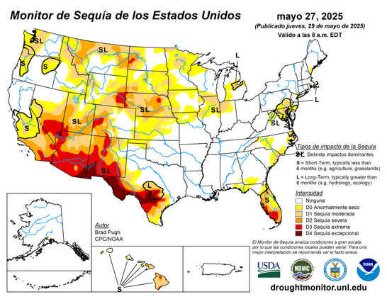 Monitor de sequía de EE. UU. que muestra las condiciones para el 29 de mayo de 2025