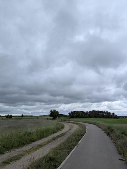 Wiejska ścieżka, a obok niej ścieżka rowerowa. Obie otoczone polami i skręcające w lewo. W tle widać jadących rowerzystów oraz drzewa. Pochmurne niebo.