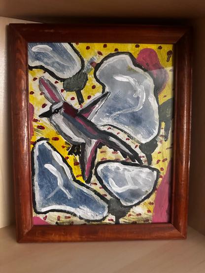 A framed painting of a bird