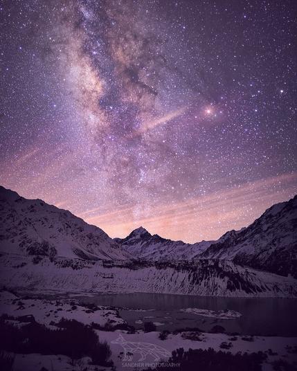 A breath-taking photograph of a starry night sky with the Milky Way stretching across it, casting a purple and orange glow. Below, snow-covered mountains frame a serene lake, reflecting the faint light. The image is signed "Sandner Photography" in the bottom right corner.