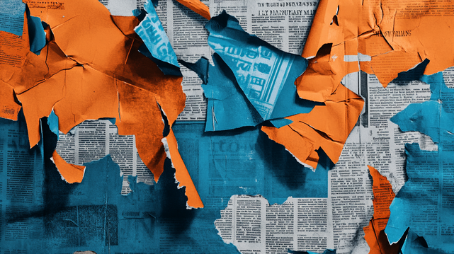 Peau de papier.
Collage abstrait de papiers orange et bleus déchirés sur des fragments de journaux, créant un jeu visuel de textures et de contrastes.
Abstract collage of torn orange and blue papers over newspaper fragments, creating a visual play of textures and contrasts.