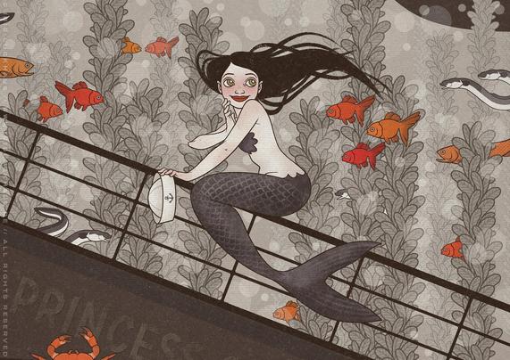 Illustration of a friendly little mermaid sitting on a shipwreck with a sailor's hat in her hand, by Iris Luckhaus
