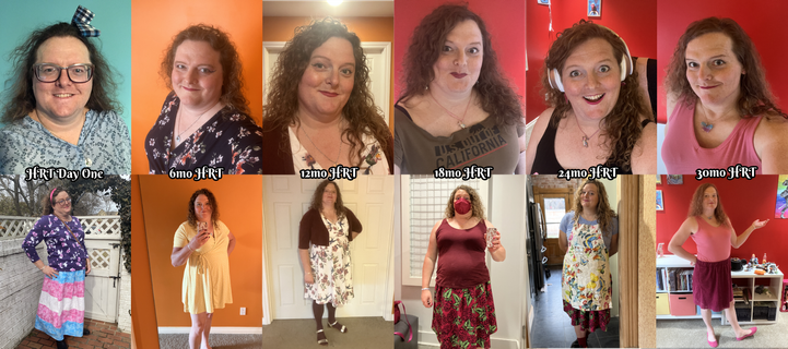 a timeline in six-month increments showing Miriam, a white trans woman, go from HRT Day One to 30 months in.  There are headshots along the top and full-body shots along the bottom.  The progression is pretty fucking striking, if I do say so myself.