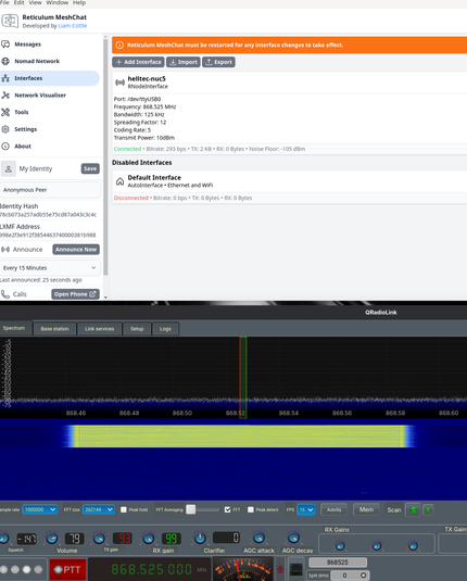 partial screenshot showing ReticulumMeshChat and qradiolink the transmit of an announce...
