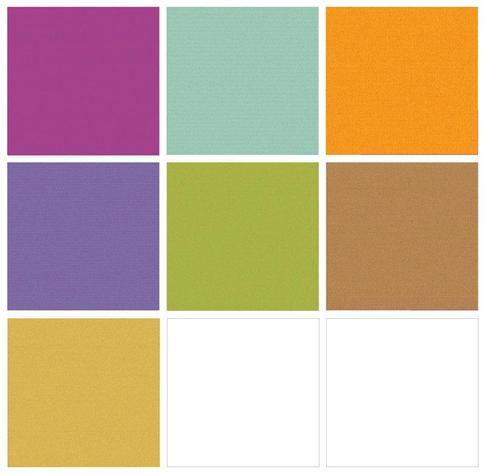 Square images of a grid of 9 squares. 7 have a different color: red-purple, green-blue, orange, blue-purple, olive-green, brown and gold.