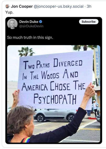 Jon Cooper @joncooper-us.bsky.social - Devin Duke So much truth in this sign. 
Two Paths Diverged in the Wooos AND America CHOSE THE PSYCHOPATH

Woman holding up a protest placard