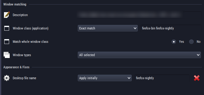 The enabled fields of my rule comprise:

Window class (application)  --  Exact match  --  firefox-bin firefox-nightly

Match whole window class  --  Yes

Window types  --  All  selected 

Desktop file name  --  Apply initially  --  firefox-nightly