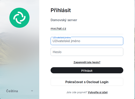 Přihlašovací obrazovka MXChatu s tlačítkem „Pokračovat s Oscloud Login“ pro přihlášení přes účet Oscloud.