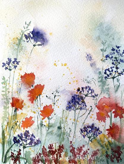 This enchanting artwork captures the delicate details of vibrant blossoms amidst the soft, ethereal mist, evoking a peaceful, dreamlike atmosphere perfect for nature lovers and art enthusiasts alike.
Red and purple flowers are depicted in a loose, watercolor style against a soft, textured background that hints at a misty morning. Splashes and specks of paint add a dynamic, spontaneous feel to the floral scene, conveying the beauty of a blooming field.