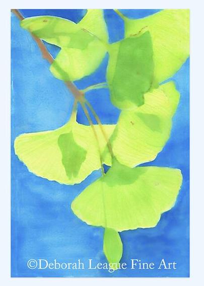 Dreamy Ginkgo branch full of bright green leaves against a blue background. Revered as a symbol of longevity, resilience, balance, healing, and hope, the Ginkgo is a meaningful decorative motif for home and office.