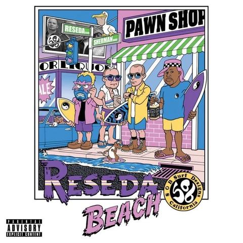 Cartoon-style album cover for "Reseda Beach" featuring four men in beachwear holding surfboards and drinks, standing outside a pawn shop on a street corner labeled Reseda Blvd and Sherman Way. A blue car with a "SALE" sign is parked nearby, and a small animal surfs in a puddle. The design is colorful with pastel tones, evoking West Coast and surf culture. "Reseda Beach" is written in bold purple and pink letters at the bottom, with a "Parental Advisory" label and S.O.B Surf Designs logo.