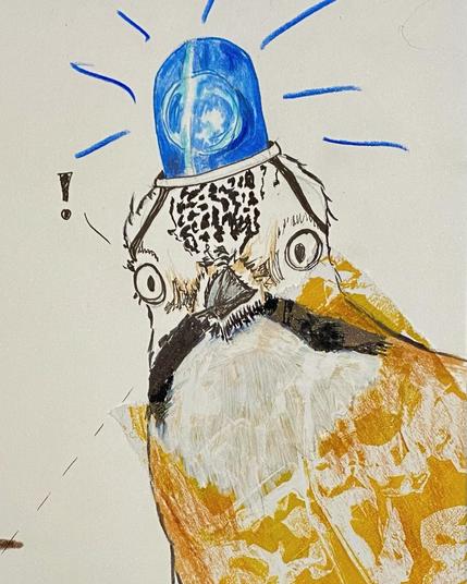 Ink drawn jay with flashing blue light on his head alluding to his nickname 'policeman of the forest'