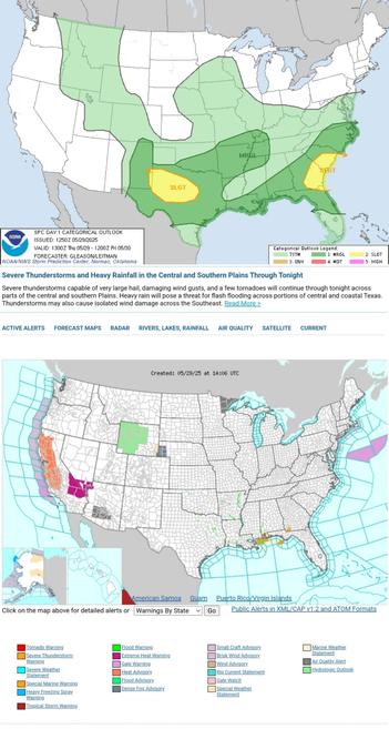 Large to very large hail, severe winds, and a couple of tornadoes will be a concern with thunderstorms this afternoon and evening from the Texas-New Mexico border eastward into central Texas. Thunderstorms producing scattered damaging winds are possible later today across parts of the Southeast. An isolated severe threat may develop this afternoon across the Ozarks and Mid-South vicinity.
WeatherAwareDay #weather #wx #SPC #TheOutpost #SevereWeather  


Severe Thunderstorms and Heavy Rainfall in the Central and Southern Plains Through Tonight
Severe thunderstorms capable of very large hail, damaging wind gusts, and a few tornadoes will continue through tonight across parts of the central and southern Plains. Heavy rain will pose a threat for flash flooding across portions of central and coastal Texas. Thunderstorms may also cause isolated wind damage across the Southeast