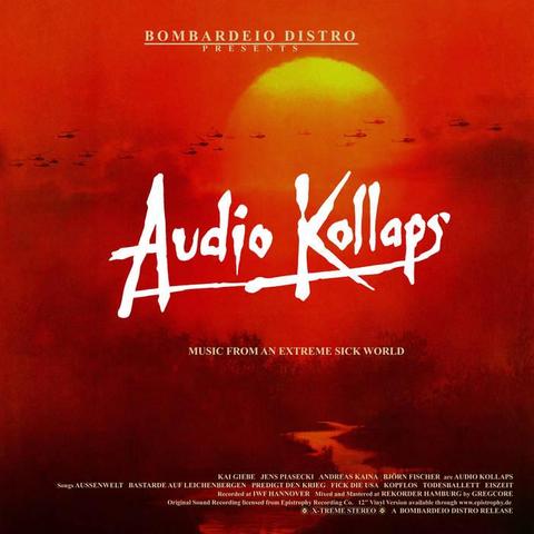 Album cover for Audio Kollaps' "Music From An Extreme Sick World." The white band logo is centered on a photo of a red and orange smoky sunset. There are several helicopters in the sky flying above trees below. The title of the album directly below the band logo in small beige font. A river cuts between the trees.