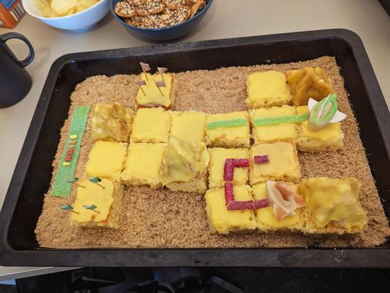 Trails themed vegan cake. Showing a level with goals, ships, trails and mountains.