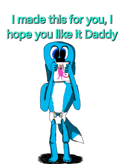 A blue fox called Angello, wearing a peekabu, holding up a drawing of his daddy, in a embarrassed or shy way.