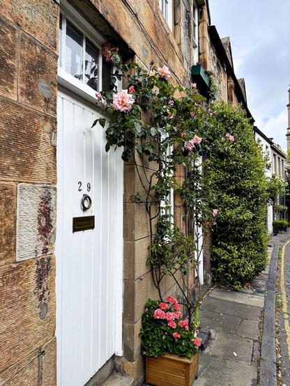 White door with the house number 29 on a street of connected old stone houses, decorated with pink roses growing on a trellis and potted pink hydrangeas. The door is half-glass with a brass mail slot, adjacent to a window with similar styling, under an overcast sky.