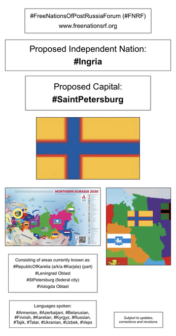 Information, flag, and maps showing proposed independent nation of #Ingria (from the website of the Free Nations of Post-Russia Forum).