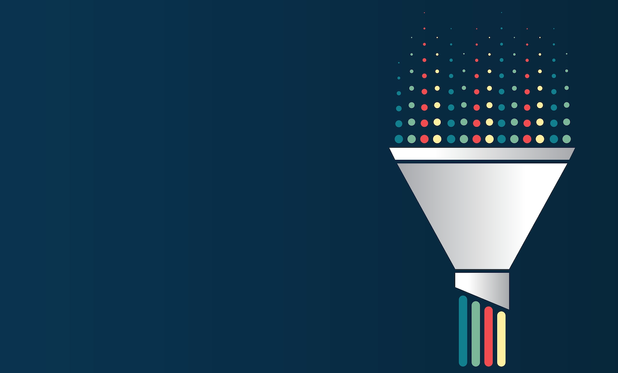 An illustration of a funnel, with bits of data flowing into it in various colors. at the narrow end of the funnel are equal colored wires.