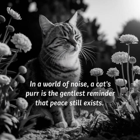Black and white picture of a tabby and white cat sitting amongst flowers, eyes closed 

“In a world of noise, a cat’s purr is the gentlest reminder that peace still exists”