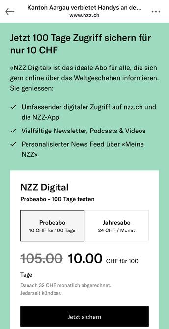 Screenshot: «Probeabo»-Angebot der Neuen Zürcher Zeitung (NZZ).