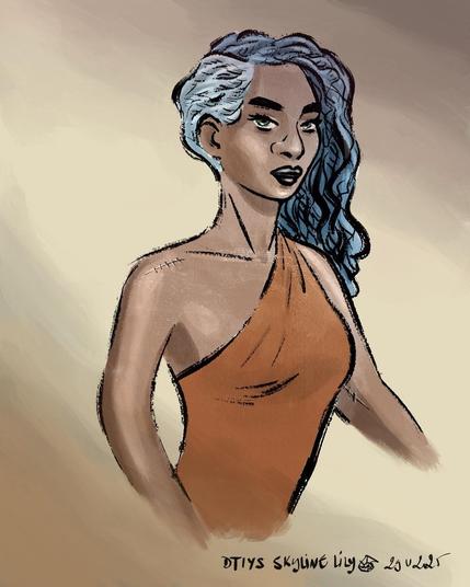 My digital illustration of Lilly Skyline character, a woman with long, wavy hair featuring blue highlights. She has a confident expression, wearing an elegant orange dress. The background is softly blended in neutral tones.