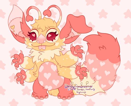 my oc pink lemonade the bat redesigned as stitch from lilo and stitch

she has 4 arms out and is sticking her tongue out

her ears, antennae, eyes , hands, and legs are all the same dark pink with light pink insides, claws, nails, highlights etc

the main fur color is a yellow with light yellow accents, their stomach is a light pink with lighter pink hears

their tail and are a gradient of yellow light yellow light pink with light pink hearts and dark pink