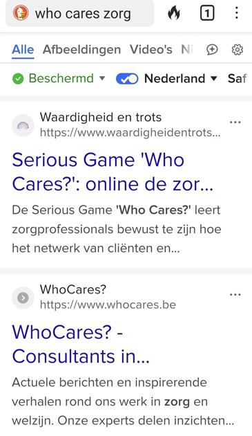 Zoekopdracht in DuckDuckGo "Who Cares Zorg" levert aardig wat hits op van zorgprofessionals en van zakkenvullers in de zorg.