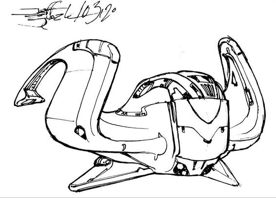 Black and white line art sketch of an imaginative sci fi spaceship. Each one is very different.