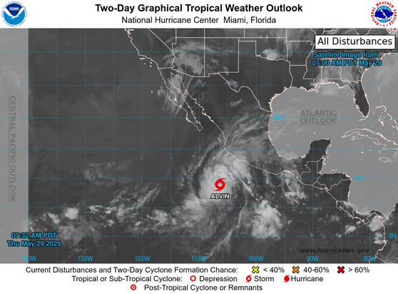 NHC map showing center location point of Alvin and satellite image showing large broad reach of its related clouds.