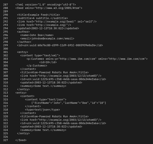 An example of an Atom feed from https://www.ibm.com/docs/en/baw/22.0.x?topic=formats-atom-feed-format where the indentation to denote the nesting of XML elements is sometimes 1, 2, 3, 4 or 8 whitespace chars.